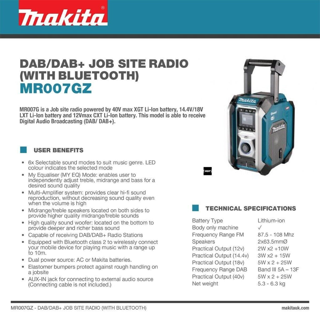 Radio de chantier Makita Bluetooth DAB 18V ou 40V MR007GZ corps seul doré