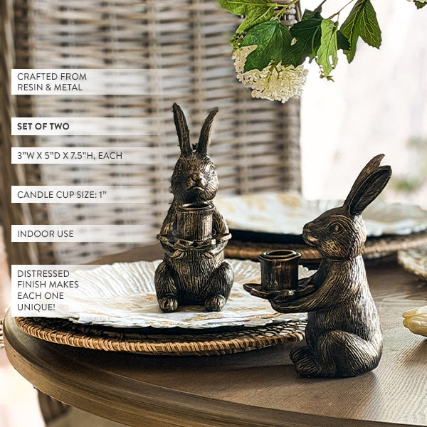 Vintage Bronze Bunny Taper Candle Holders, Set of 2