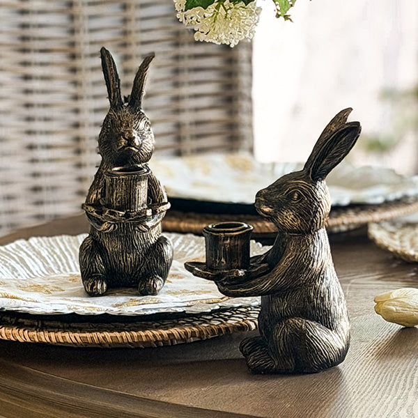 Vintage Bronze Bunny Taper Candle Holders, Set of 2