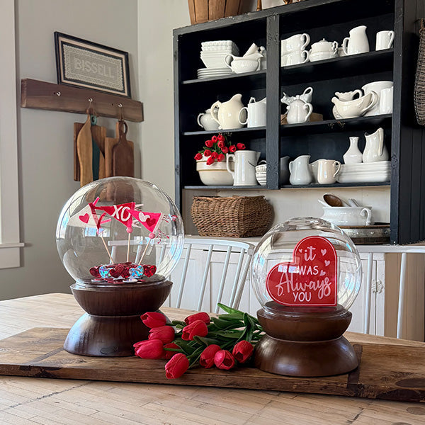 Glass Cloche Display Domes with Rich Wood Pedestal Bases, Set of 2