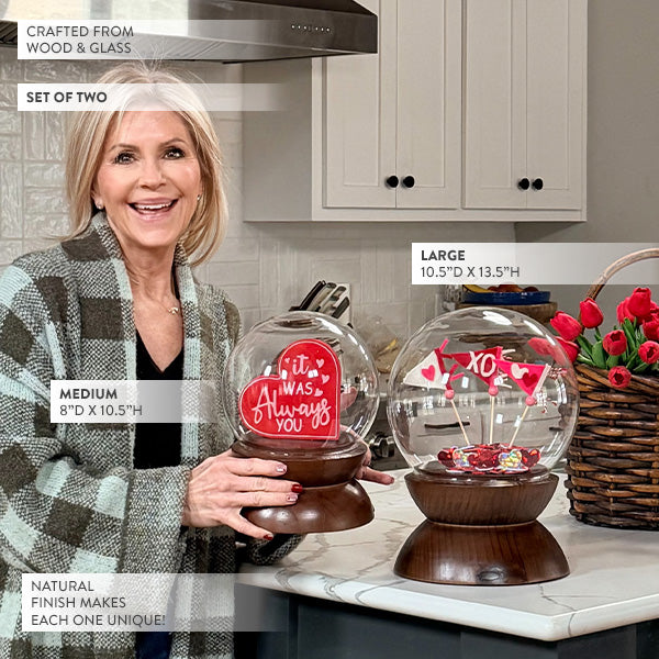 Glass Cloche Display Domes with Rich Wood Pedestal Bases, Set of 2