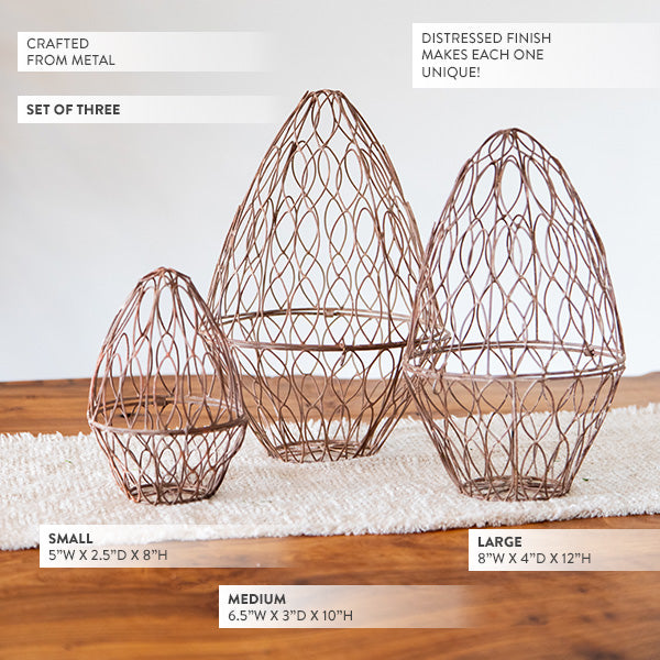 Nested Distressed Copper Metal Wire Egg Cage, Set of Three