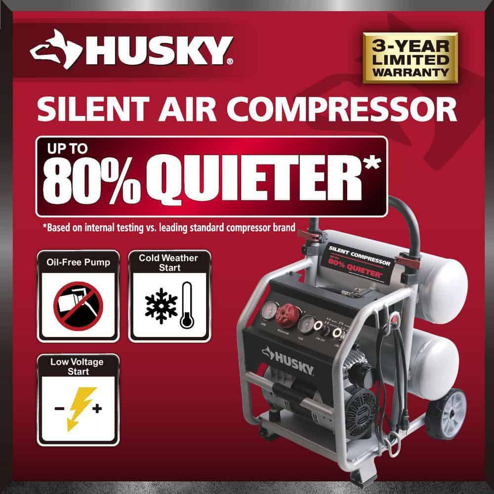 Husky 3320445 4.5 Gal. Portable Silent Air Compressor – Electric-Powered