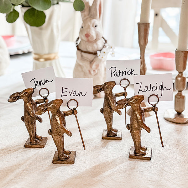 Vintage Distressed Gold Bunny Place Card Holders with Staff, Set of 4