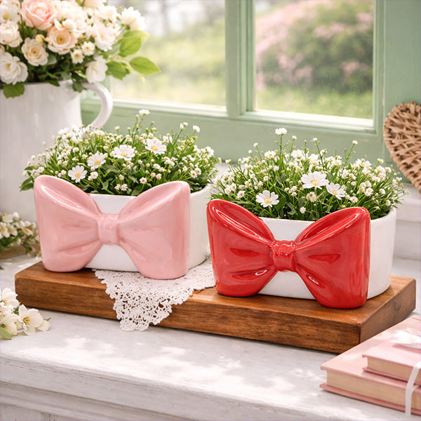 Coquette Bow Porcelain Planters, Set of 2 | Pink & Red