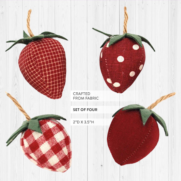 Fabric Strawberry Ornaments, Set of 4 | Farmhouse Spring Decor