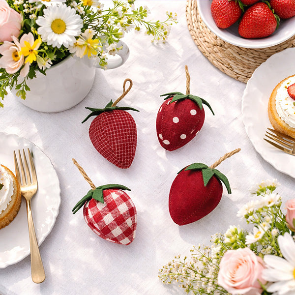 Fabric Strawberry Ornaments, Set of 4 | Farmhouse Spring Decor